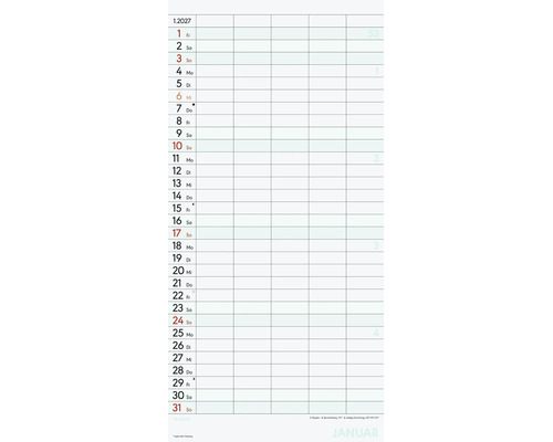 Kalenderblatt für Jänner zweitausendsiebenundzwanzig mit Tagesspalten und Notizfeldern.