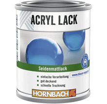 Hornbach Acryl Lack Seidenmattlack, schnell trocknend, gut deckend, einfache Verarbeitung, Blauer Engel Siegel, Hornbach Logo.