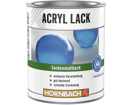 Dose Hornbach Acryl Lack seidenmatt, gut deckend und schnell trocknend, mit dem Umweltzeichen Blauer Engel.