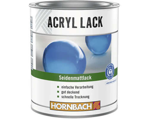 Hornbach Acryl Lack, Seidenmattlack in der Metalldose, umweltfreundlich zertifiziert mit dem Blauen Engel, Hornbach Logo.