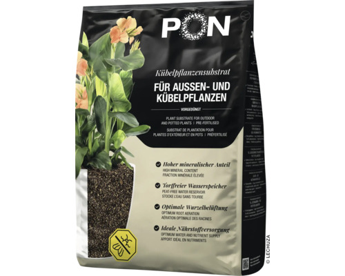 Lechuza-PON Kübelpflanzensubstrat für Außenpflanzen und Kübelpflanzen, mineralisch, vorgedüngt und torffrei. Insektenschutz. Lechuza Logo.