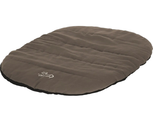 Gesteppte Hundematte aus Stoff in Braun, ovale Form mit Hundemotiv.