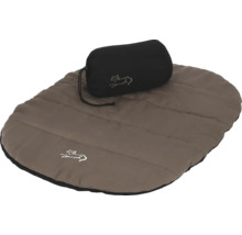 Gesteppte, ovale Hundematte für unterwegs in Braun mit schwarzem Aufbewahrungsbeutel und Logo.