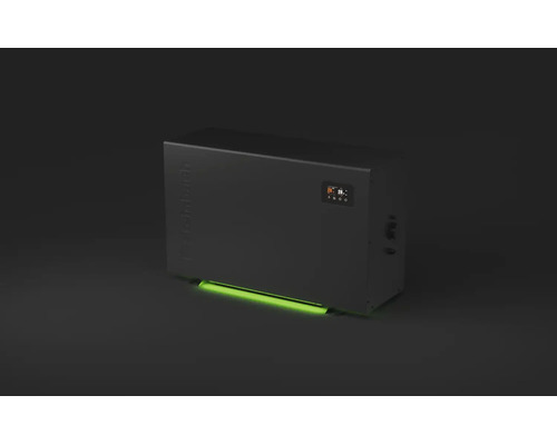 Moderne Pool-Wärmepumpe mit digitalem Display und grüner LED-Beleuchtung an der Unterseite.