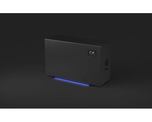 Schwarze Pool-Wärmepumpe mit digitalem Display und blauer LED-Beleuchtung an der Unterseite.