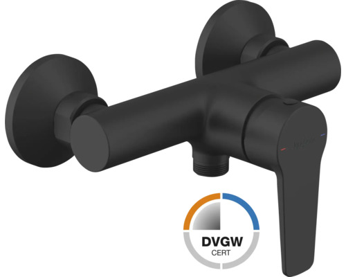 Einhebel-Brausearmatur Jungborn in Schwarz matt mit DVGW-Prüfzeichen und Jungborn Logo.