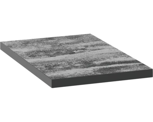 Terrassenplatte aus Feinsteinzeug in grau-schwarzer Steinoptik mit strukturierter Oberfläche.