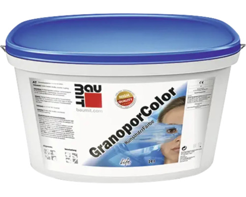 Baumit GranoporColor Kunstharzfarbe im weißen Kübel mit blauem Deckel