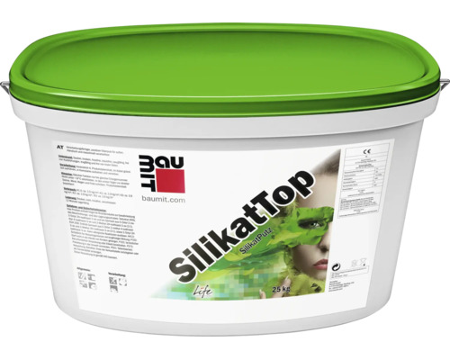 Baumit SilikatTop Silikatputz in einem 25 Kilogramm Eimer. Gebrauchsfertiger, pastöser Oberputz für außen. Baumit Logo. CE Kennzeichnung.