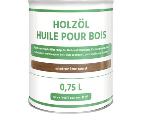 Holzöl 0,75 Liter in Naturbraun für Hart- und Weichholz im Innen- und Außenbereich, ausreichend für circa 10 Quadratmeter.
