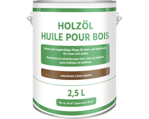 Holzöl für Hart- und Weichholz, für innen und außen, naturbraun, 2,5 Liter, Ergiebigkeit circa 30 Quadratmeter.