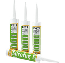 Vier Kartuschen PCI Silcofug E elastischer Dichtstoff für die Anwendung im Innen- und Außenbereich.