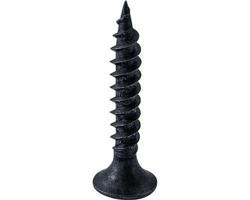 Schnellbauschraube mit Grobgewinde und Senkkopf aus schwarzem phosphatiertem Stahl.