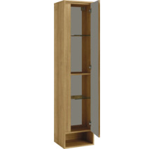 Hochschrank in Eichenoptik mit grauer Front, geöffneter Tür, Glasböden und Holzeinlegeböden.