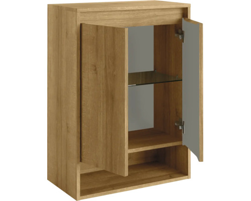 Badezimmer-Hängeschrank in Eichenoptik mit zwei Türen, einem Glaseinlegeboden und einem offenen Fach.
