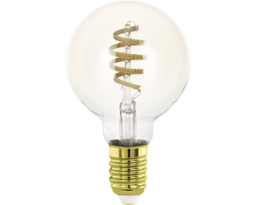 LED-Filament-Leuchtmittel Globe mit gedrehter Spirale und E27-Sockel aus Klarglas.