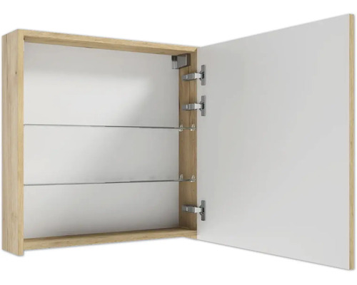 Geöffneter Badezimmer-Hängeschrank in Holzoptik mit weißer Innenseite und zwei Glasböden.