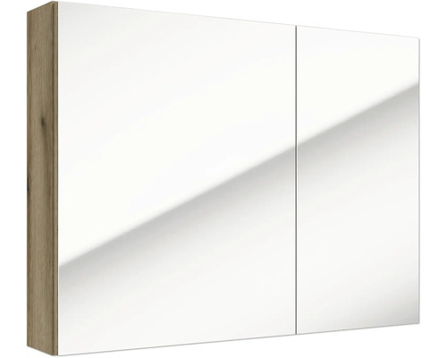 Zweitüriger Badezimmer-Spiegelschrank mit seitlicher Holzoptik und großen Spiegelflächen.