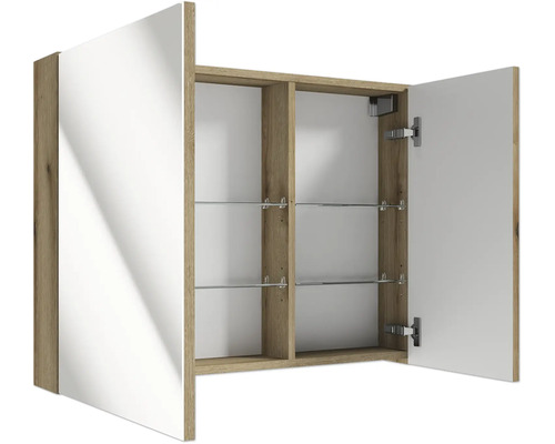 Zweitüriger Spiegelschrank für das Badezimmer in Holzoptik mit geöffneter rechter Tür, Glasböden und Innenaufteilung.