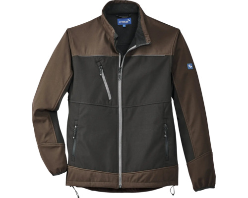 Zweifarbige Scheibler Arbeitsjacke in Braun und Schwarz mit Frontreißverschluss, drei Reißverschlusstaschen und hohem Kragen.