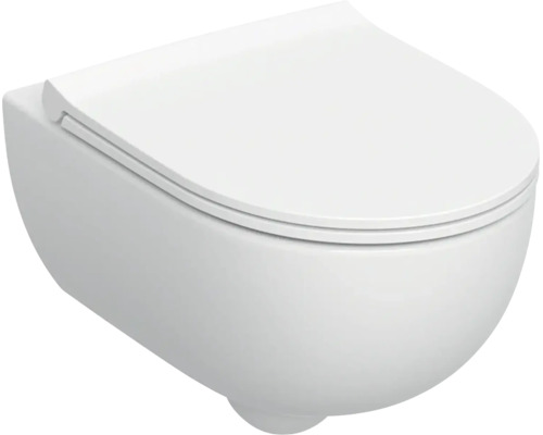 Weißes Hänge-WC aus Keramik mit geschlossenem WC-Sitz.