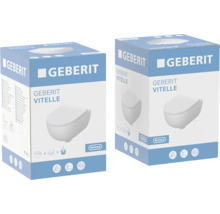 Zwei Produktverpackungen für das wandhängende Geberit Vitelle Toiletten-Set Rimfree inklusive Toilettensitz.