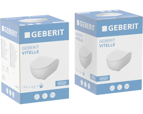 Zwei Produktverpackungen für das wandhängende Geberit Vitelle Toiletten-Set Rimfree inklusive Toilettensitz.