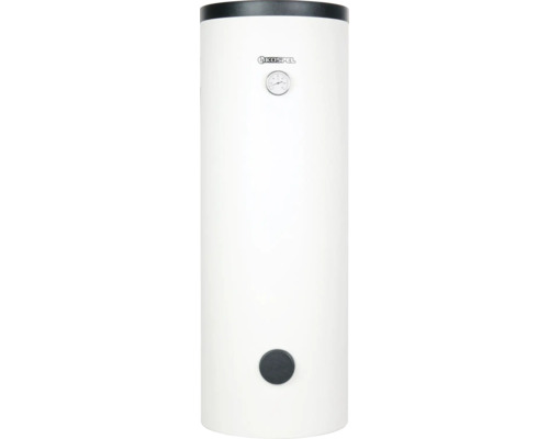 Zylindrischer Kospel Warmwasserspeicher in Weiß mit analoger Temperaturanzeige.