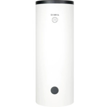 Zylindrischer Kospel Warmwasserspeicher in Weiß mit schwarzer Abdeckung oben, Temperaturanzeige und Logo.