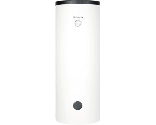 Zylindrischer Kospel Warmwasserspeicher in Weiß mit schwarzer Abdeckung oben, Temperaturanzeige und Logo.