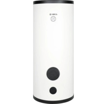 Weißer stehender Kospel Warmwasserspeicher mit Kospel Logo, analoger Temperaturanzeige und schwarzen Revisionsöffnungen.