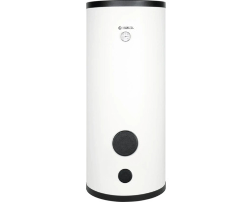 Weißer stehender Kospel Warmwasserspeicher mit Kospel Logo, analoger Temperaturanzeige und schwarzen Revisionsöffnungen.