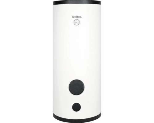 Kospel Warmwasserspeicher mit integrierter Temperaturanzeige und runden Revisionsöffnungen auf der Vorderseite.