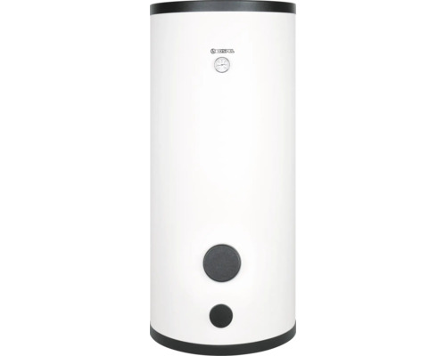 Vertikaler Kospel Warmwasserspeicher mit analogem Thermometer und Kospel Logo.