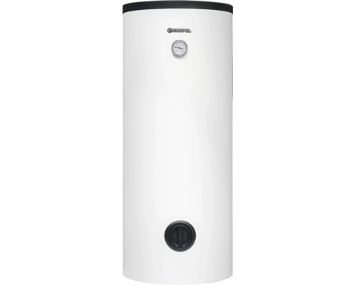 Vertikaler Warmwasserspeicher mit Kospel Logo, analogem Thermometer und schwarzem Deckel.