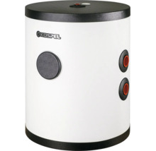 Weißer Kospel Warmwasserspeicher mit schwarzen Abdeckungen, seitlichen Anschlüssen und Kospel Logo.