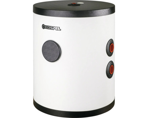 Weißer Kospel Warmwasserspeicher mit schwarzen Abdeckungen, seitlichen Anschlüssen und Kospel Logo.