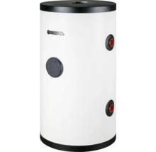 Zylindrischer Kospel Warmwasserspeicher mit weißem Gehäuse, schwarzen Abdeckungen und seitlichen Anschlüssen.
