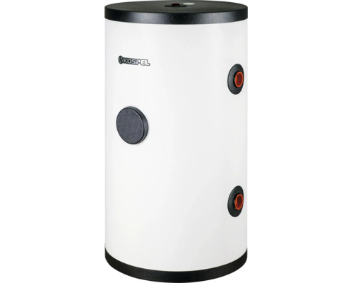 Zylindrischer Kospel Warmwasserspeicher mit weißem Gehäuse, schwarzen Abdeckungen und seitlichen Anschlüssen.
