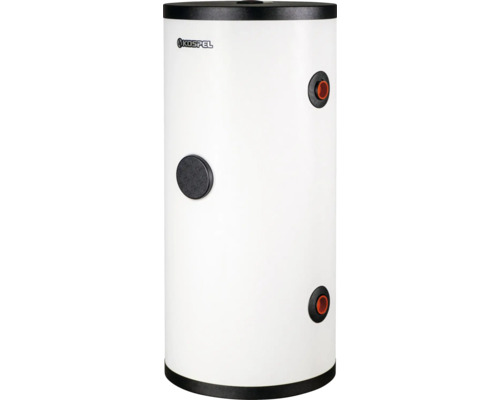 Kospel Warmwasserspeicher, zylindrisch, weiß, mit schwarzen Anschlüssen und Kospel Logo.