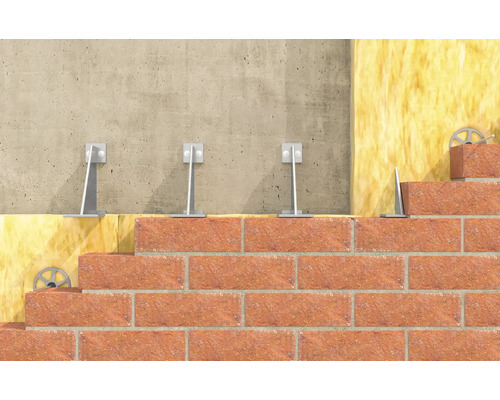 Querschnitt einer Wandkonstruktion mit Daemmung aus Mineralwolle, Wandhaltern aus Metall und einer Ziegelfassade auf Beton.