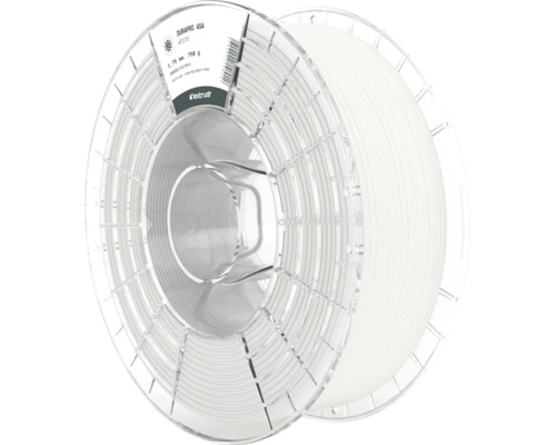 Extrudr Durapro ASA 3D-Druck-Filament in Weiß, 1,75 Millimeter, 750 Gramm, auf einer transparenten Kunststoffspule.