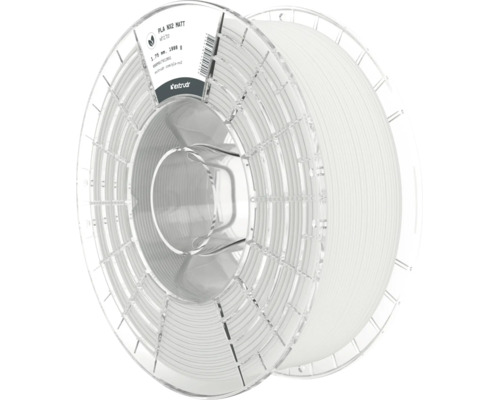 Extrudr PLA NX2 Matt Filament in Weiß, 1,75 Millimeter, 1000 Gramm auf einer transparenten Spule mit Extrudr Logo.