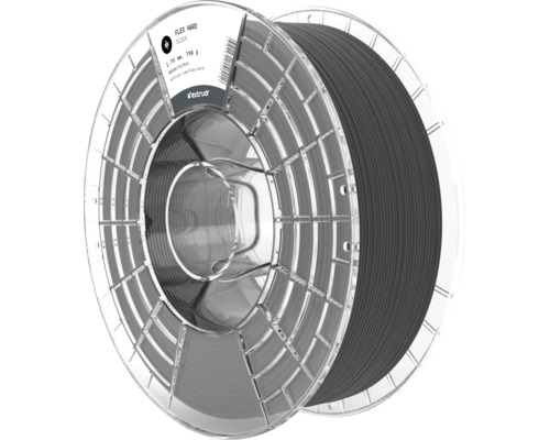 Extrudr 3D-Druck Filament Flex Hard in Schwarz, 1,75 Millimeter, 750 Gramm, auf einer transparenten Kunststoffspule.