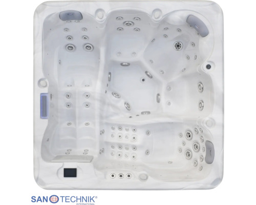 Sanotechnik Whirlpool mit Massagedüsen, Kopfstützen und Liegefläche, Draufsicht.