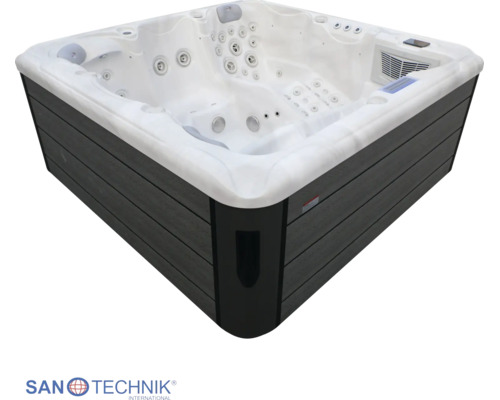 Quadratischer Whirlpool mit zahlreichen Massagejets und dunkler Außenverkleidung in Holzoptik.