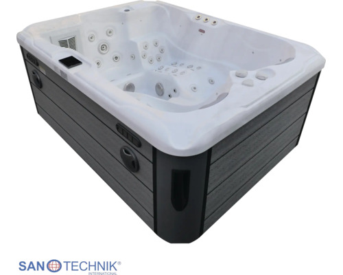 Sanotechnik Whirlpool mit Außenverkleidung in Holzoptik und zahlreichen Massagedüsen. Sanotechnik Logo.