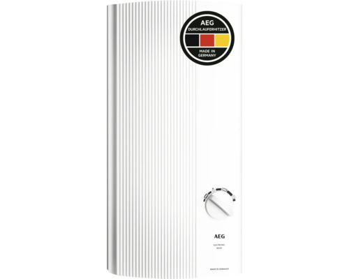 AEG elektronischer Durchlauferhitzer mit gerippter Front und Drehregler, Made in Germany.