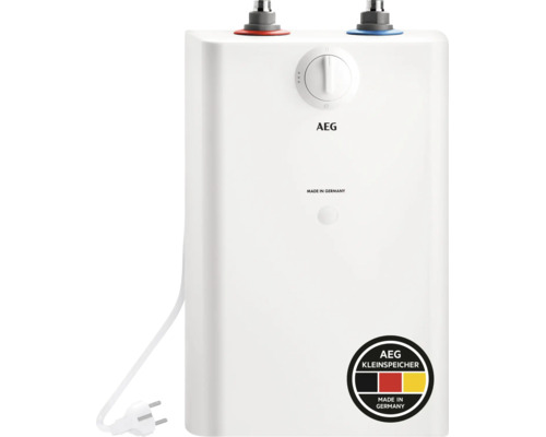 AEG Kleinspeicher in Weiß mit Temperaturregler und Netzstecker.