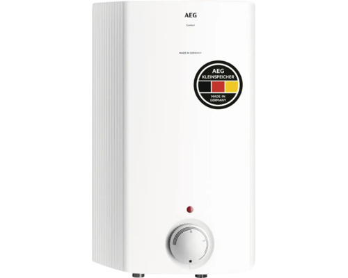 AEG Kleinspeicher Comfort, weißer Warmwasserspeicher mit Drehregler zur Temperatureinstellung, Hergestellt in Deutschland.